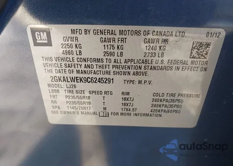 2012 GMC Terrain Slt-2 from USA, damaged, VIN 2GKALWEK9C6245291